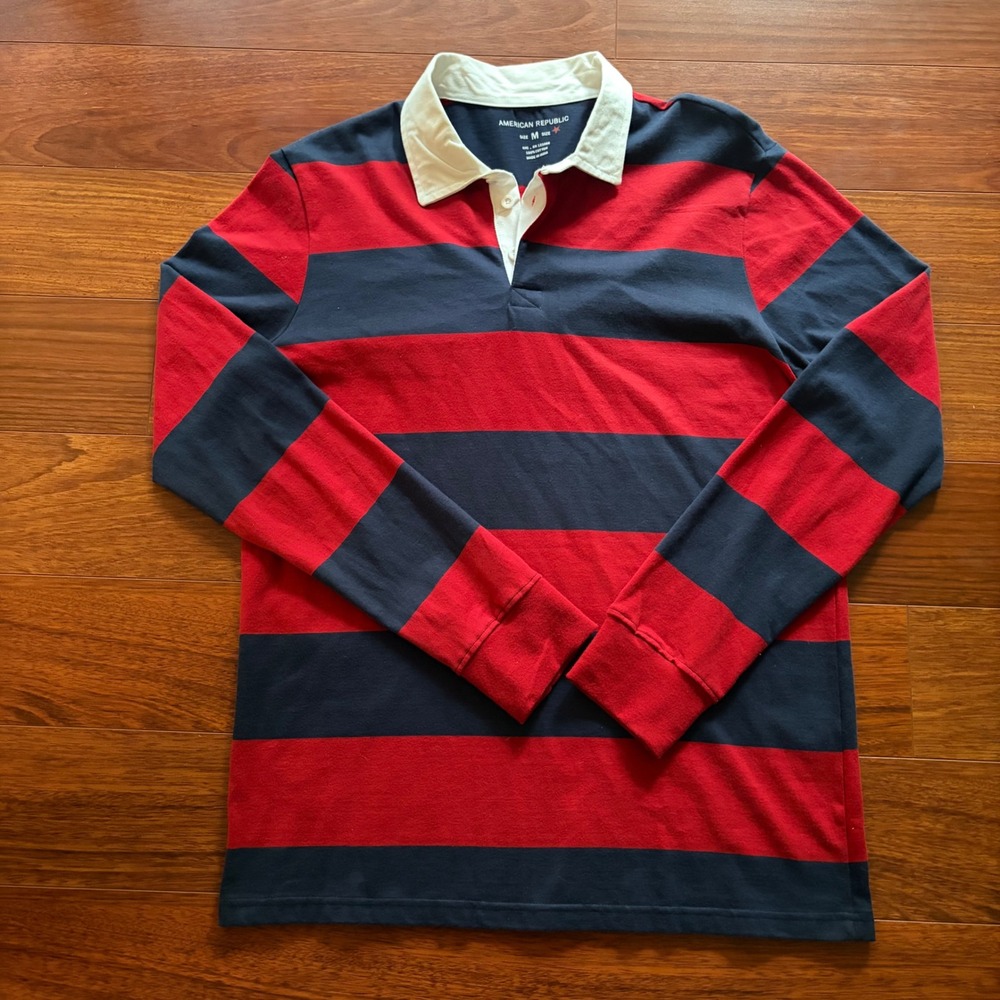 Y2K Colorblock Rugby Shirt Red Navy Blue Striped Long Sleeve Cotton Polo M
